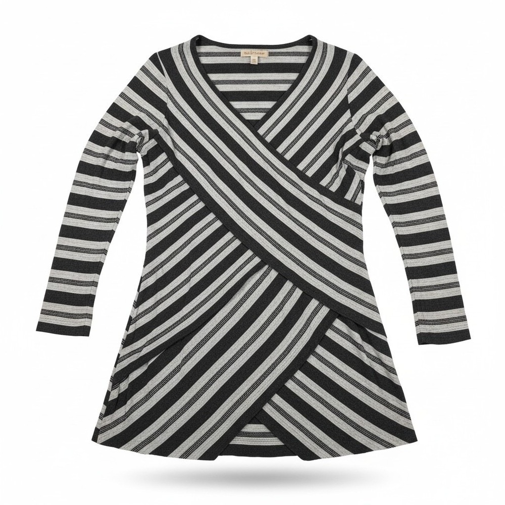 Bobi Supreme‎ Faux Wrap Tunic Women's Metallic Stripe Stretch Career Casual Top